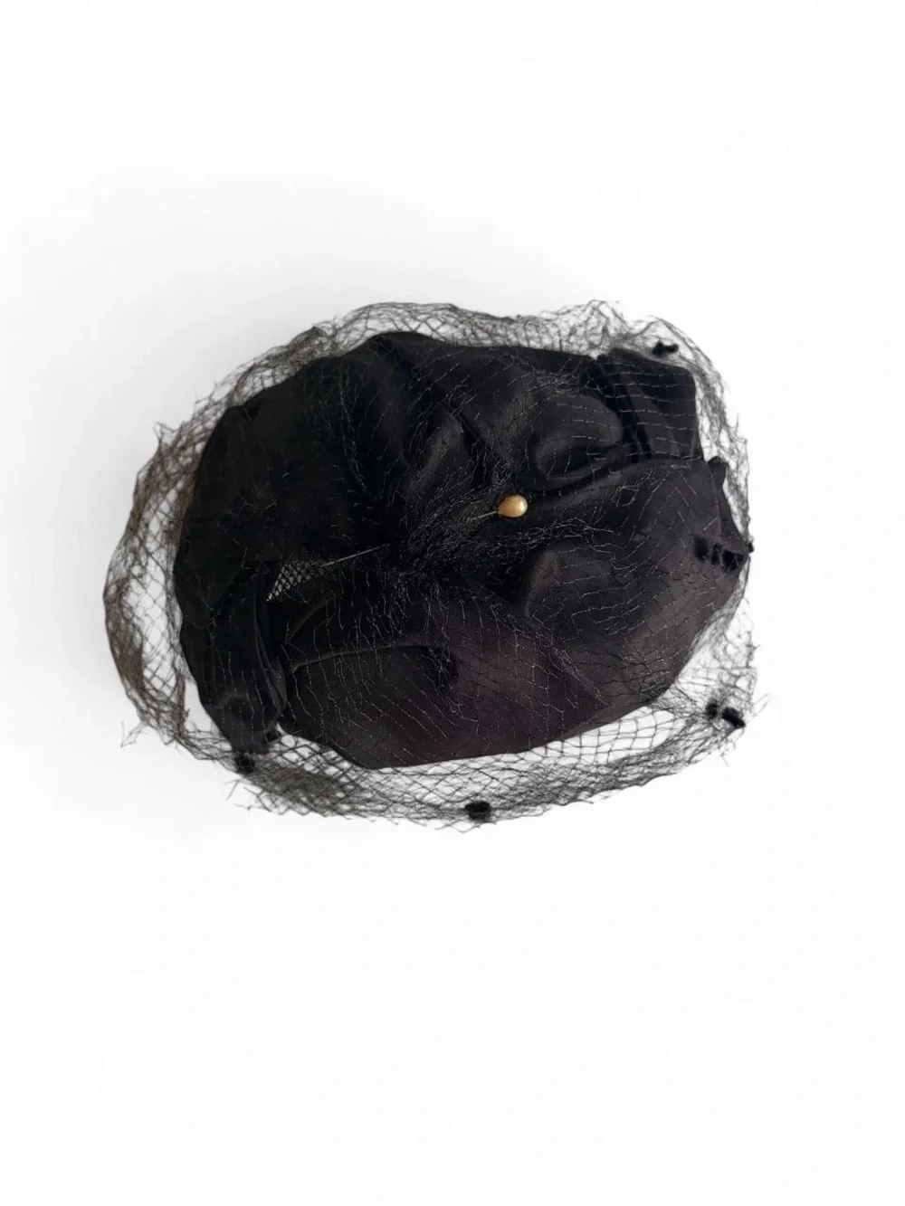 Vintage 1950s Black Silk Pillbox Hat Birdcage Veil Pearl Pin Union Tag